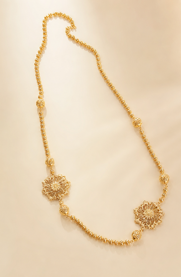 24K Gold Plated Copper Based Floral Brooch Accent Long Necklace