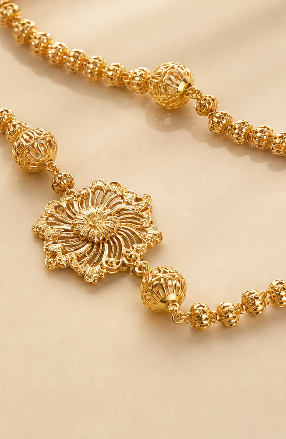 24K Gold Plated Copper Based Floral Brooch Accent Long Necklace