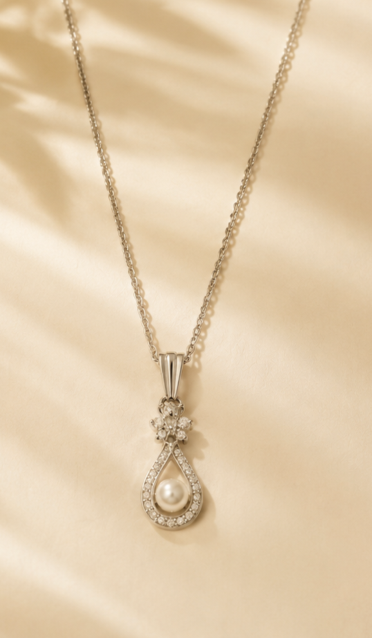The Dewdrop Pearl Necklace - Anti-Tarnish Silver Pearl Necklace