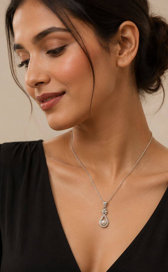 The Dewdrop Pearl Necklace - Anti-Tarnish Silver Pearl Necklace