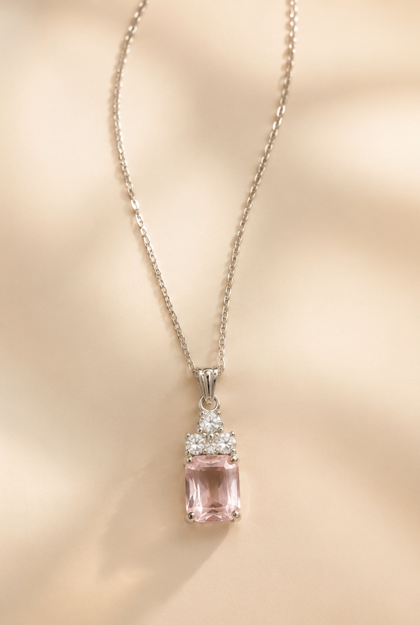 The Rose Empress Crystal Charm – Anti-Tarnish Silver Cushion Drop Necklace