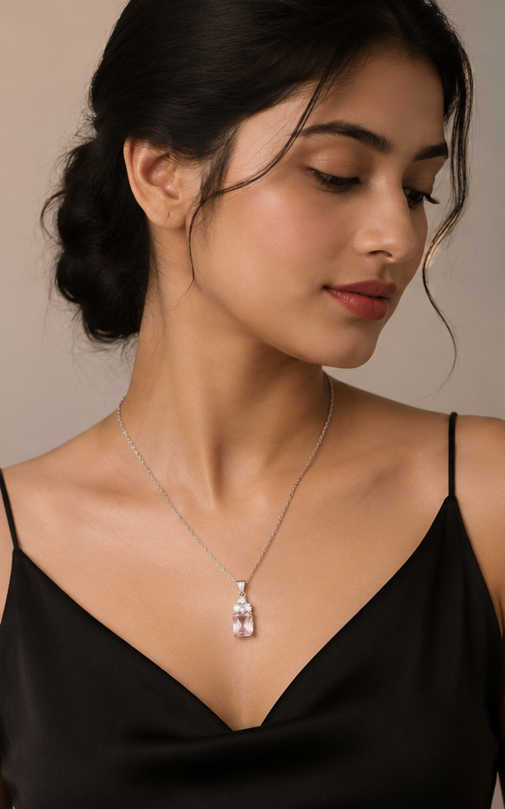 The Rose Empress Crystal Charm – Anti-Tarnish Silver Cushion Drop Necklace