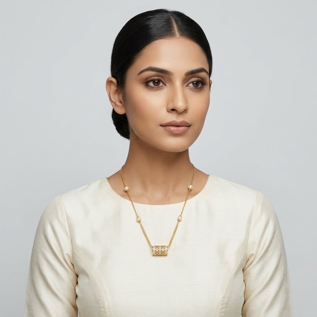 Delicate Gold-Tone Double-Chain & Crystal Lattice Cylinder Necklace