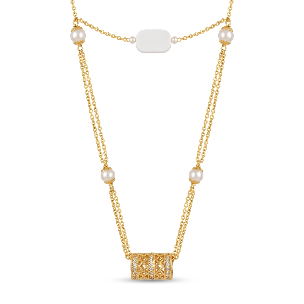 Delicate Gold-Tone Double-Chain & Crystal Lattice Cylinder Necklace