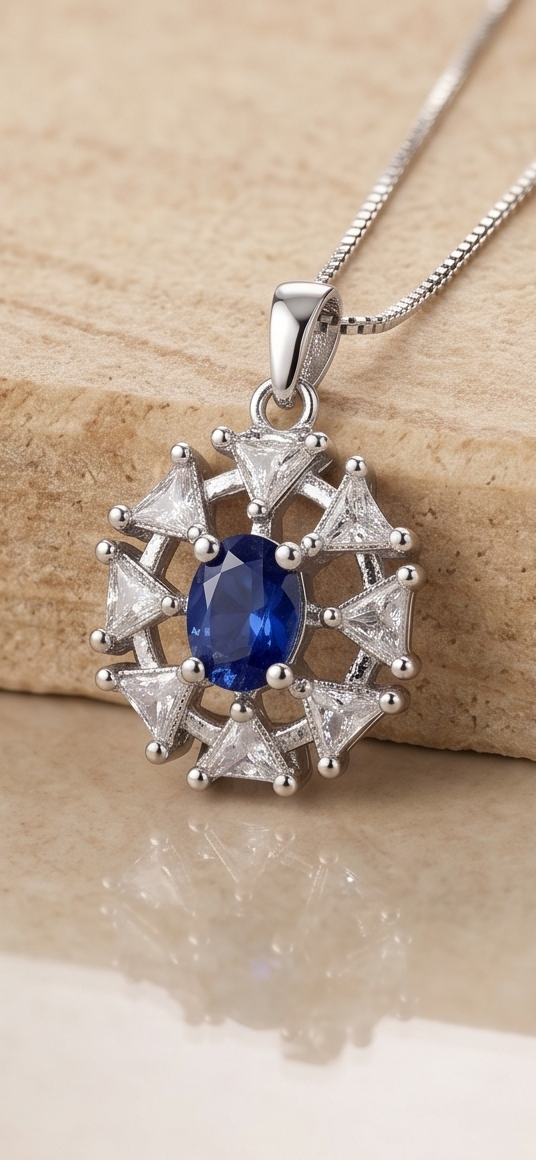 Sunburst Pendant – American Diamond Silver Gemstone Necklace