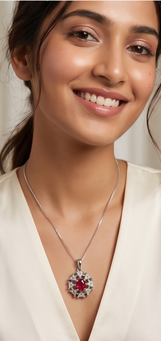 Sunburst Pendant – American Diamond Silver Gemstone Necklace