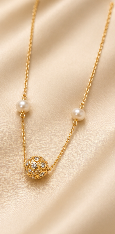 Gold-Plated Pearl & Crystal Sphere Station Necklace