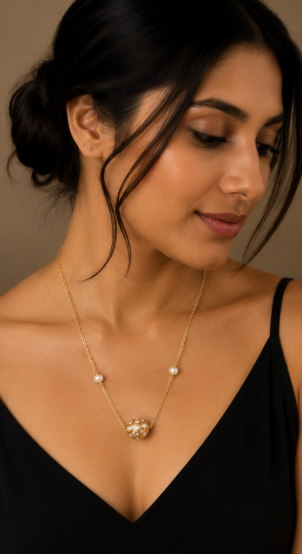 Gold-Plated Pearl & Crystal Sphere Station Necklace