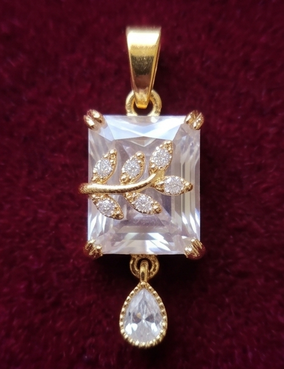 Rectangular Gemstone Pendant with Leaf Overlay