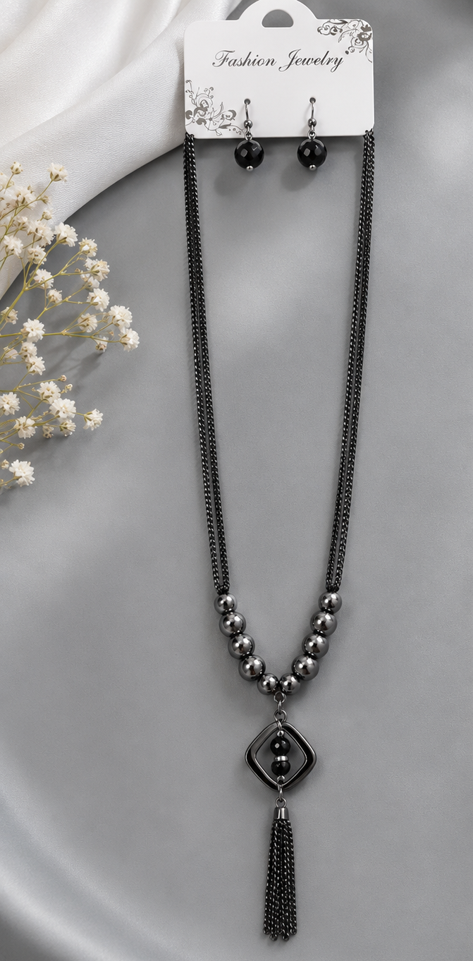 Sleek Geometric Tassel Y-Necklace & Earring Set