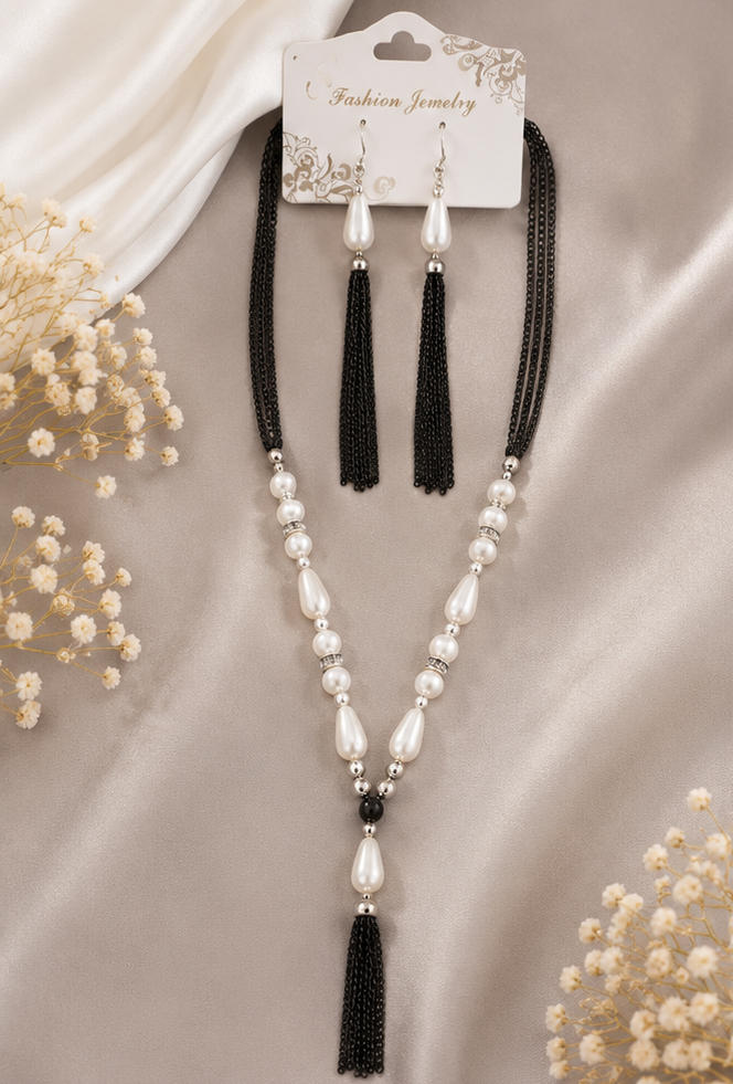 Art Deco Pearl & Black Chain Tassel Y-Necklace Set