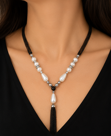 Art Deco Pearl & Black Chain Tassel Y-Necklace Set