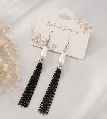 Art Deco Pearl & Black Chain Tassel Y-Necklace Set