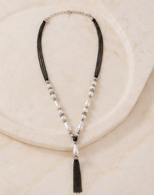 Art Deco Pearl & Black Chain Tassel Y-Necklace Set