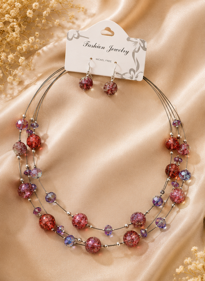 Raspberry Crackle Glass & Violet Crystal Multi-Strand Illusion Set