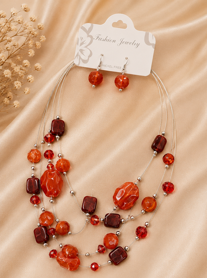 Fiery Carnelian-Tone & Deep Burgundy Geometric Illusion Necklace Set