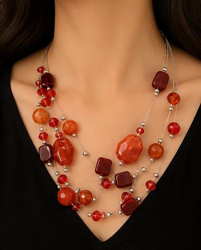 Fiery Carnelian-Tone & Deep Burgundy Geometric Illusion Necklace Set