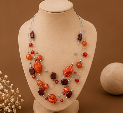 Fiery Carnelian-Tone & Deep Burgundy Geometric Illusion Necklace Set