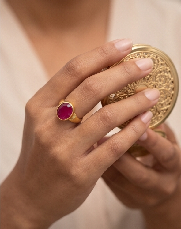 Vintage-Inspired Gold-Tone & Faceted Ruby-Hued Statement Ring