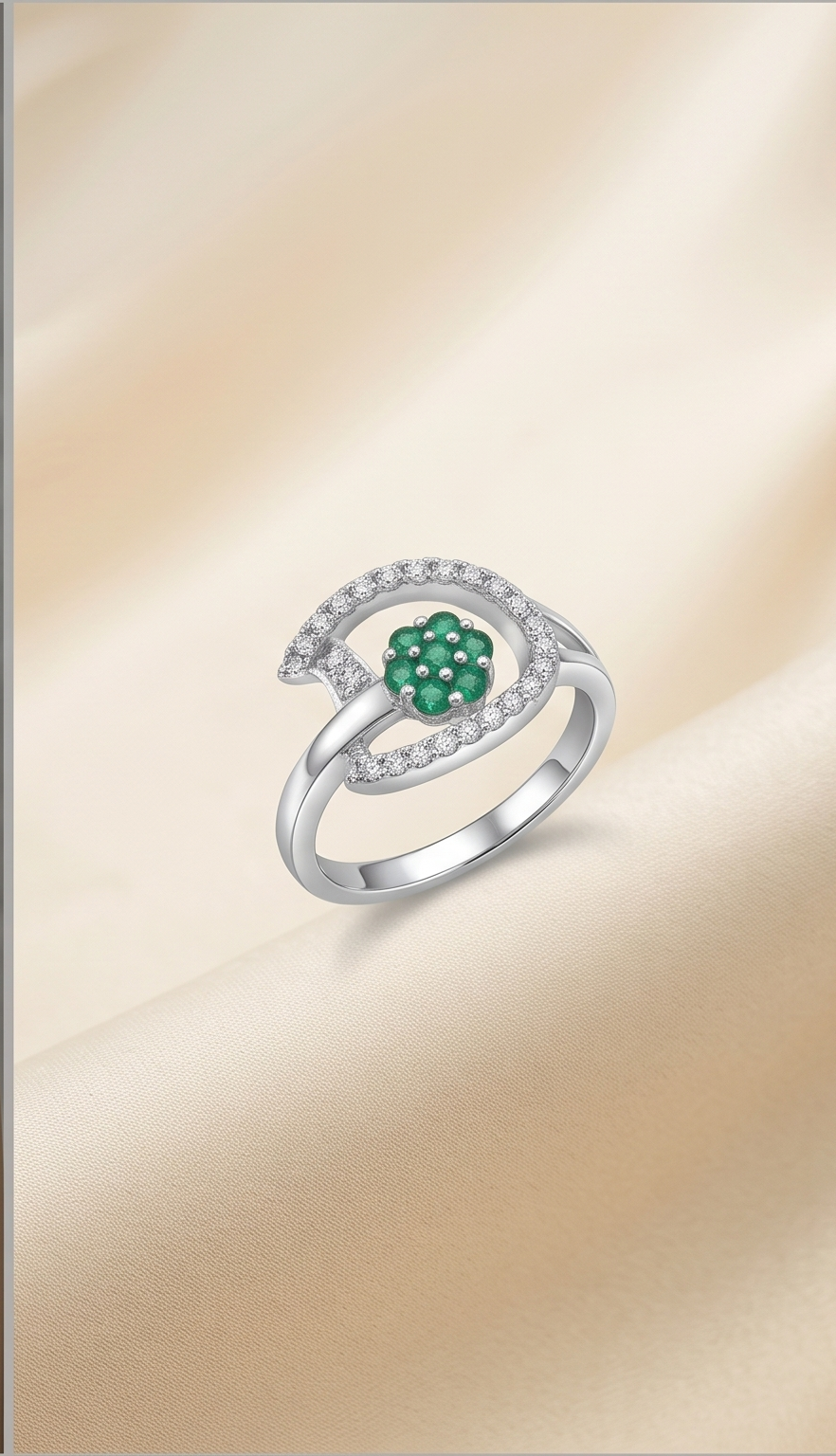 Emerald Bloom Bypass Ring – Adjustable Silver American Diamond Ring