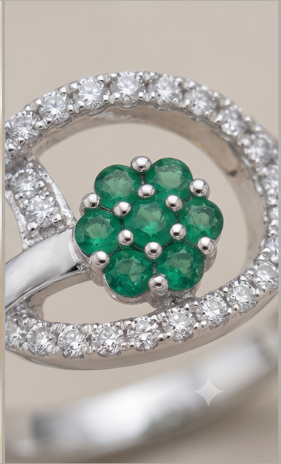 Emerald Bloom Bypass Ring – Adjustable Silver American Diamond Ring