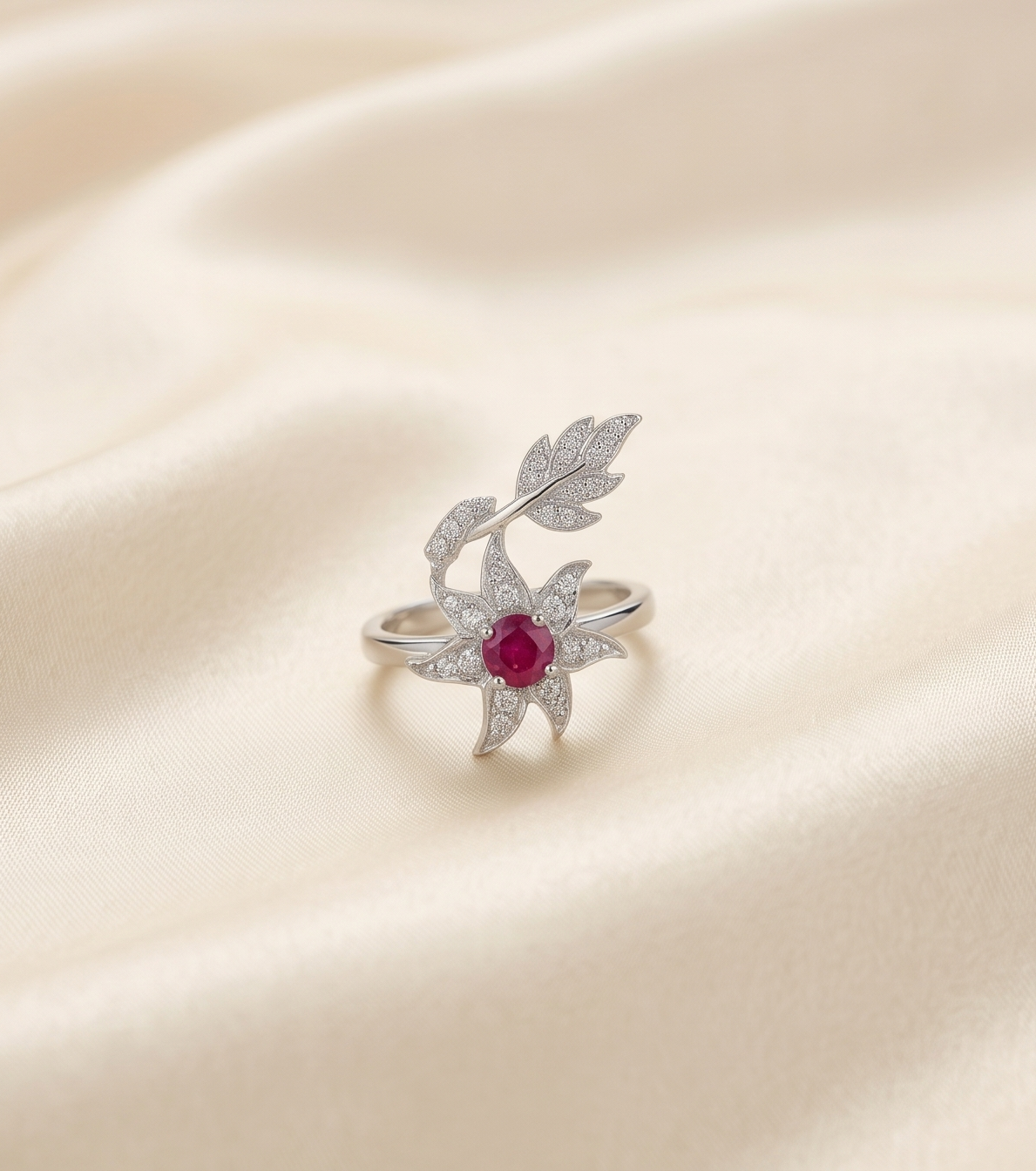 Scarlet Botanical Pavé Ring – Silver American Diamond Adjustable Ring