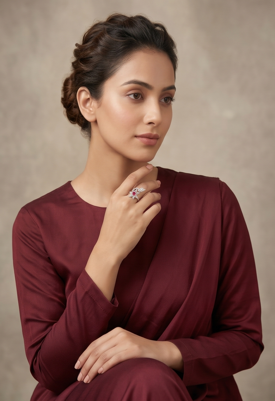 Scarlet Botanical Pavé Ring – Silver American Diamond Adjustable Ring