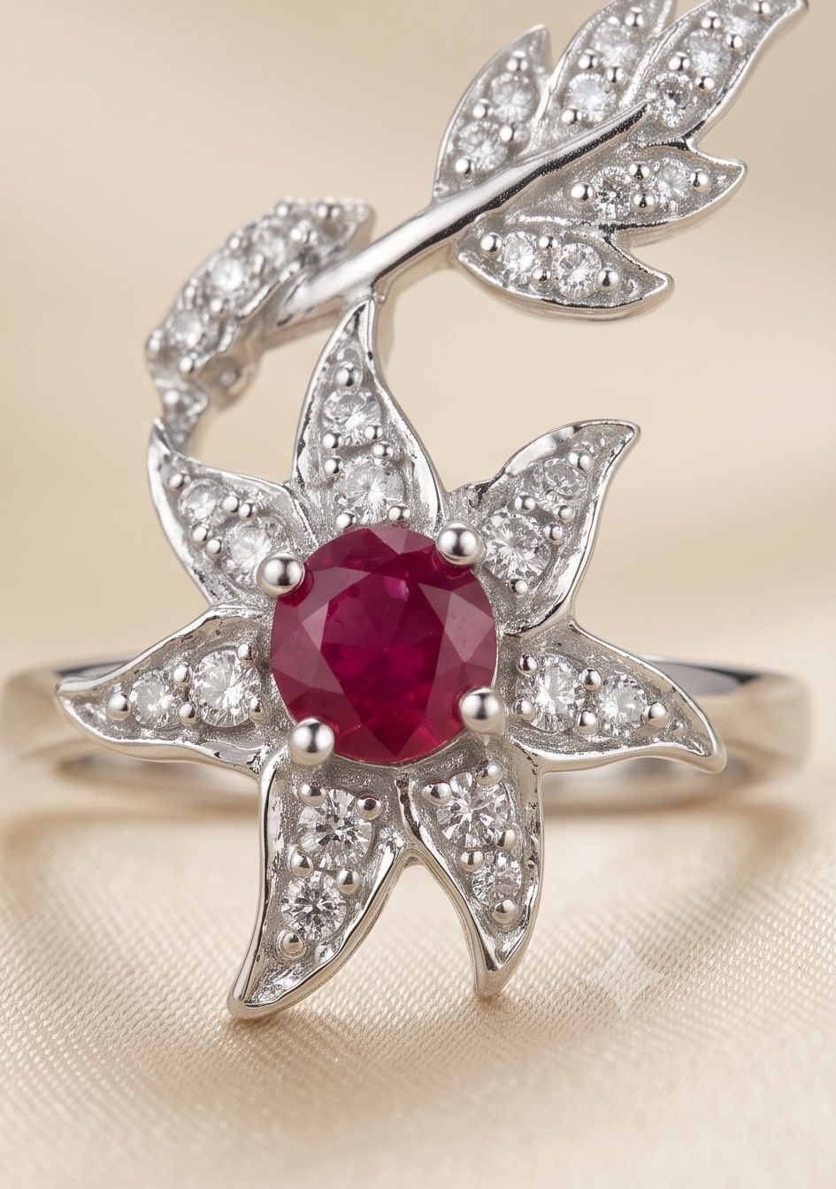 Scarlet Botanical Pavé Ring – Silver American Diamond Adjustable Ring