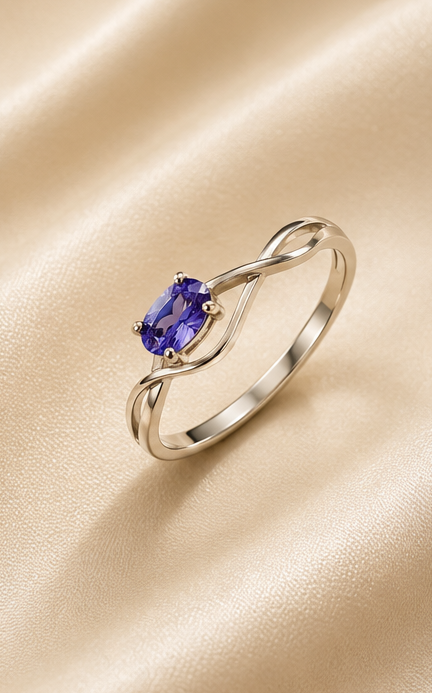 Silver Oval Sapphire-Blue Solitaire Twisted Band Ring