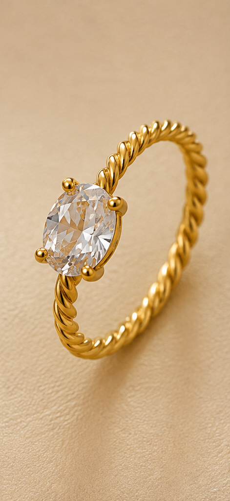 Golden Oval Solitaire Twisted Rope Ring