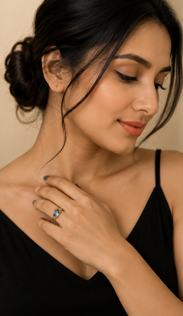 Silver Oval Aqua Blue Solitaire Lattice Band Ring