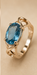 Silver Oval Aqua Blue Solitaire Lattice Band Ring