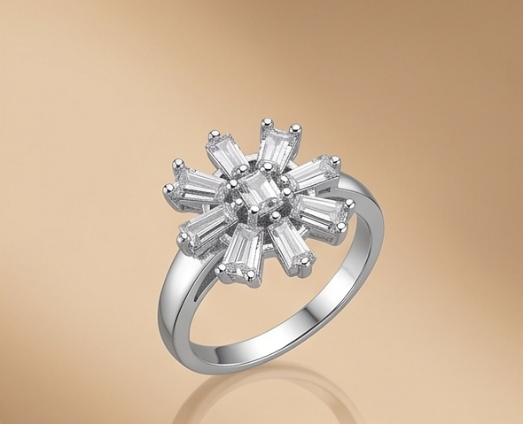 Starburst Baguette Bloom Ring – Adjustable Silver American Diamond Ring