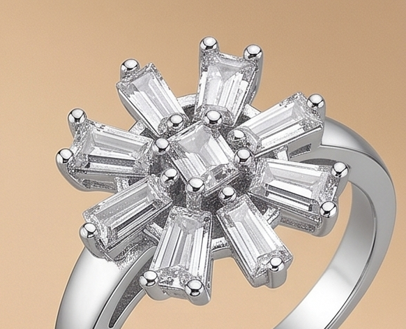 Starburst Baguette Bloom Ring – Adjustable Silver American Diamond Ring