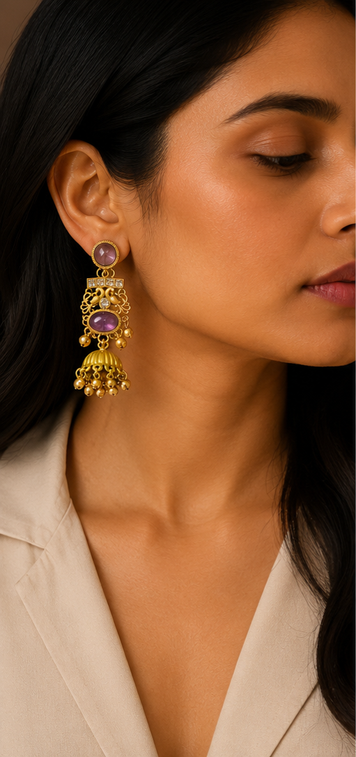 Royal Heritage Mauve Gemstone & Peacock Motif Gold-Plated Jhumka Earrings