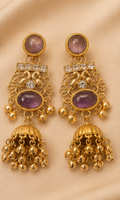 Royal Heritage Mauve Gemstone & Peacock Motif Gold-Plated Jhumka Earrings