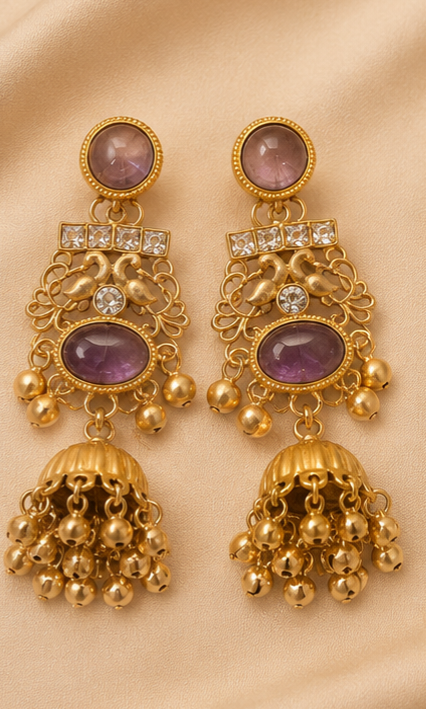 Royal Heritage Mauve Gemstone & Peacock Motif Gold-Plated Jhumka Earrings