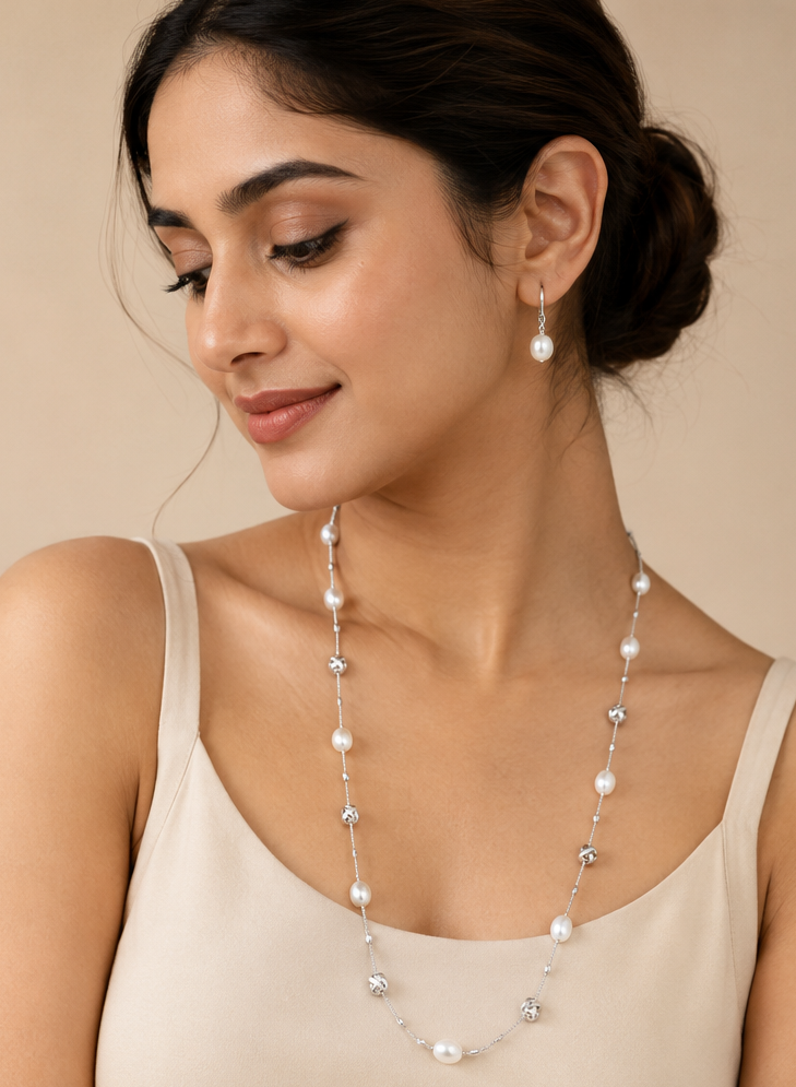 Elegant Pearl & Silver Bead Necklace Set