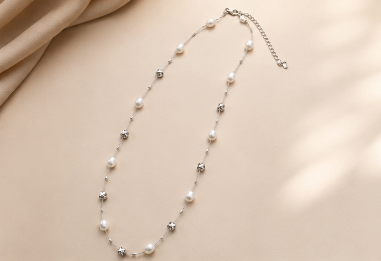 Elegant Pearl & Silver Bead Necklace Set