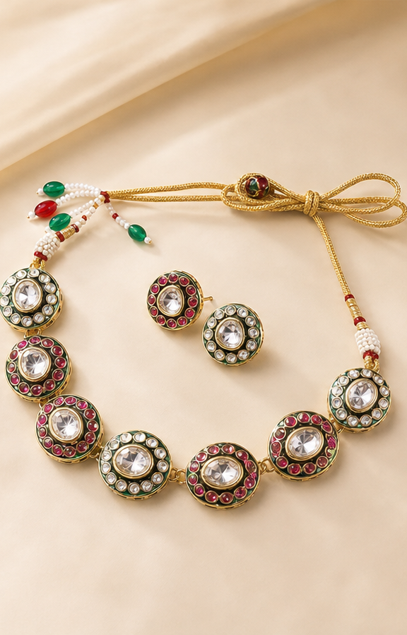 Kundan & Meenakari Circular Choker Set with Matching Stud Earrings