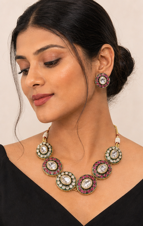 Kundan & Meenakari Circular Choker Set with Matching Stud Earrings