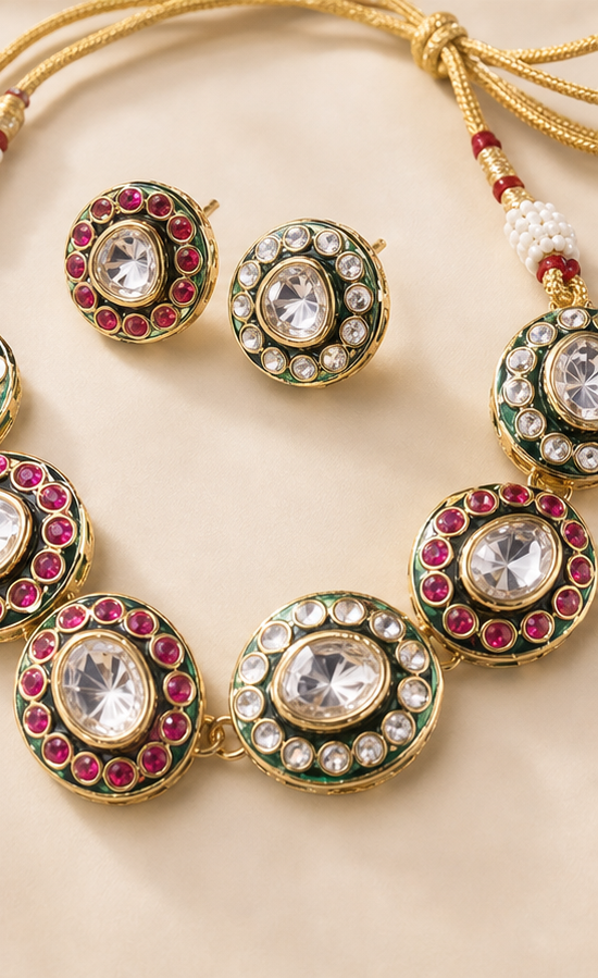 Kundan & Meenakari Circular Choker Set with Matching Stud Earrings