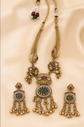 Antique Temple Style Statement Necklace & Earrings Set with Green Enamel & Ghungroo Fringe