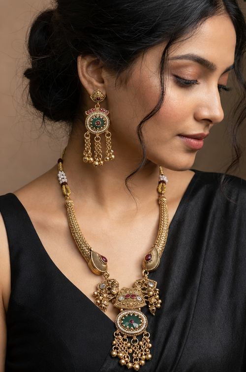 Antique Temple Style Statement Necklace & Earrings Set with Green Enamel & Ghungroo Fringe