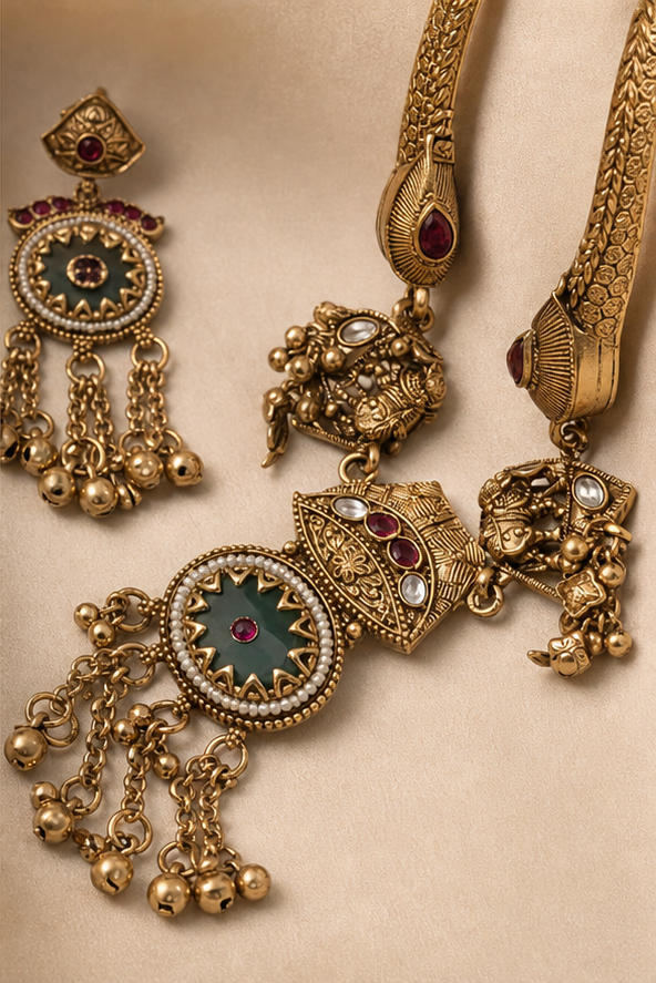 Antique Temple Style Statement Necklace & Earrings Set with Green Enamel & Ghungroo Fringe
