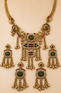 Antique Temple Style Statement Tiered Necklace Set with Meenakari Enamel & Ghungroo Fringe