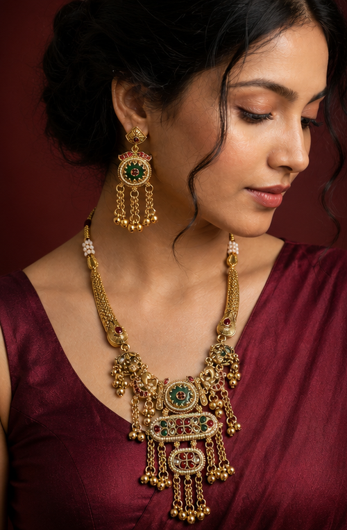 Antique Temple Style Statement Tiered Necklace Set with Meenakari Enamel & Ghungroo Fringe