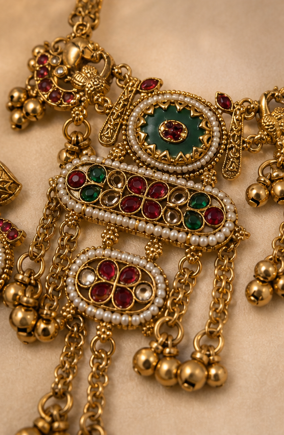 Antique Temple Style Statement Tiered Necklace Set with Meenakari Enamel & Ghungroo Fringe