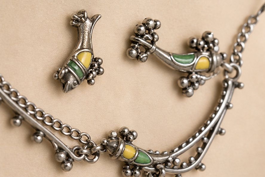 Handcrafted Silver Replica Peacock Enamel 4-Piece Jewelry Set