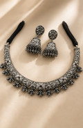 Silver Replica Floral Hasli Hasli Choker Necklace & Matching Jhumka Earrings Set